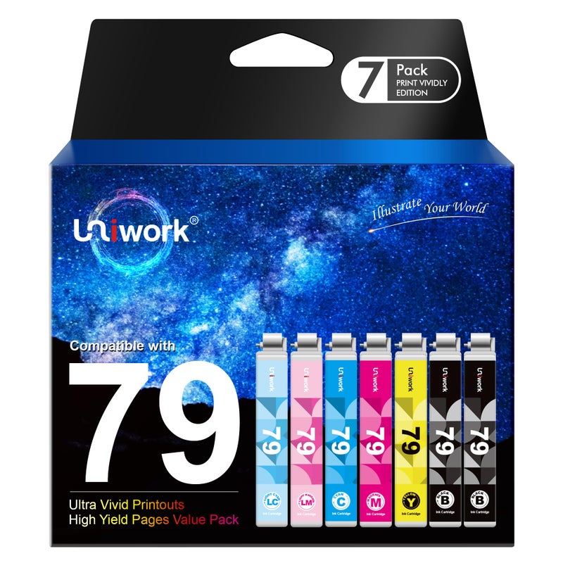 Uniwork Remanufactured 79 Ink Cartridge Replacement for Epson 79 Ink Cartridges use with Artisan 1430 Stylus Photo 1400 Printer (2 Black 1 Cyan 1 Magenta 1 Yellow 1 Light Cyan 1 Light Magenta) 7 Pack - Image 1